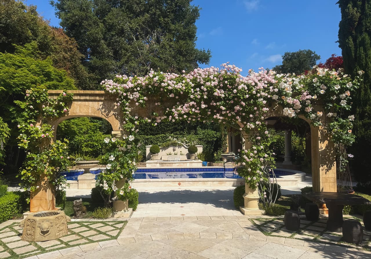 A carved stone pergola covered in pale pink climbing roses framing a blue-tiled lap pool, with clipped hedges and a travertine terrace in the foreground.